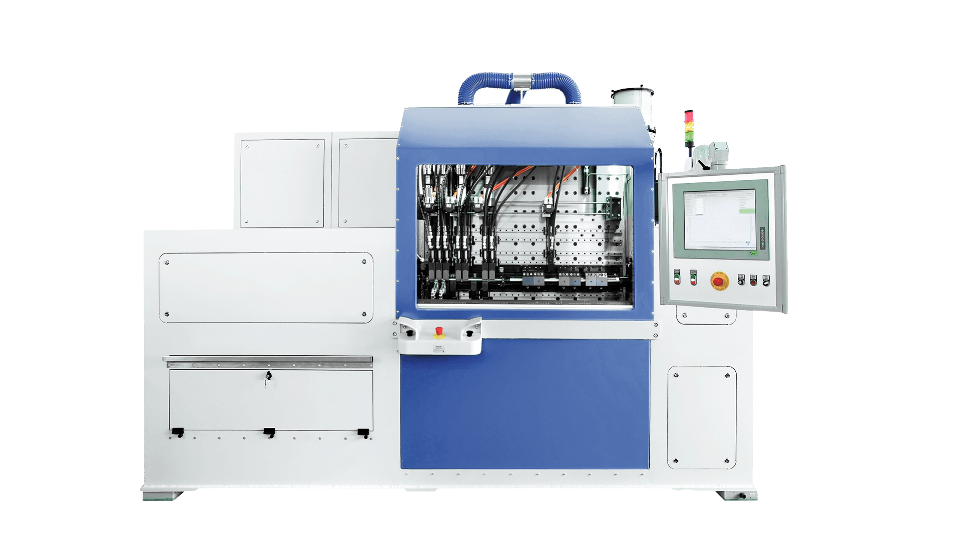 Máquina de autofrettage con fijación de raíl común y cámara de pruebas abierta