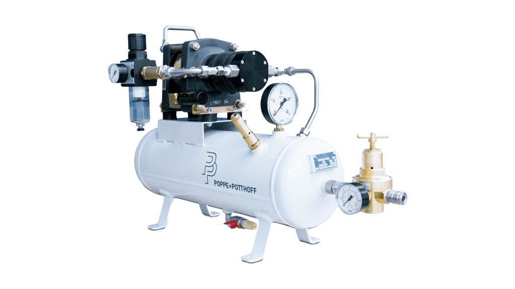 white compressed air booster with pressure gauge by Poppe + Potthoff Maschinenbau