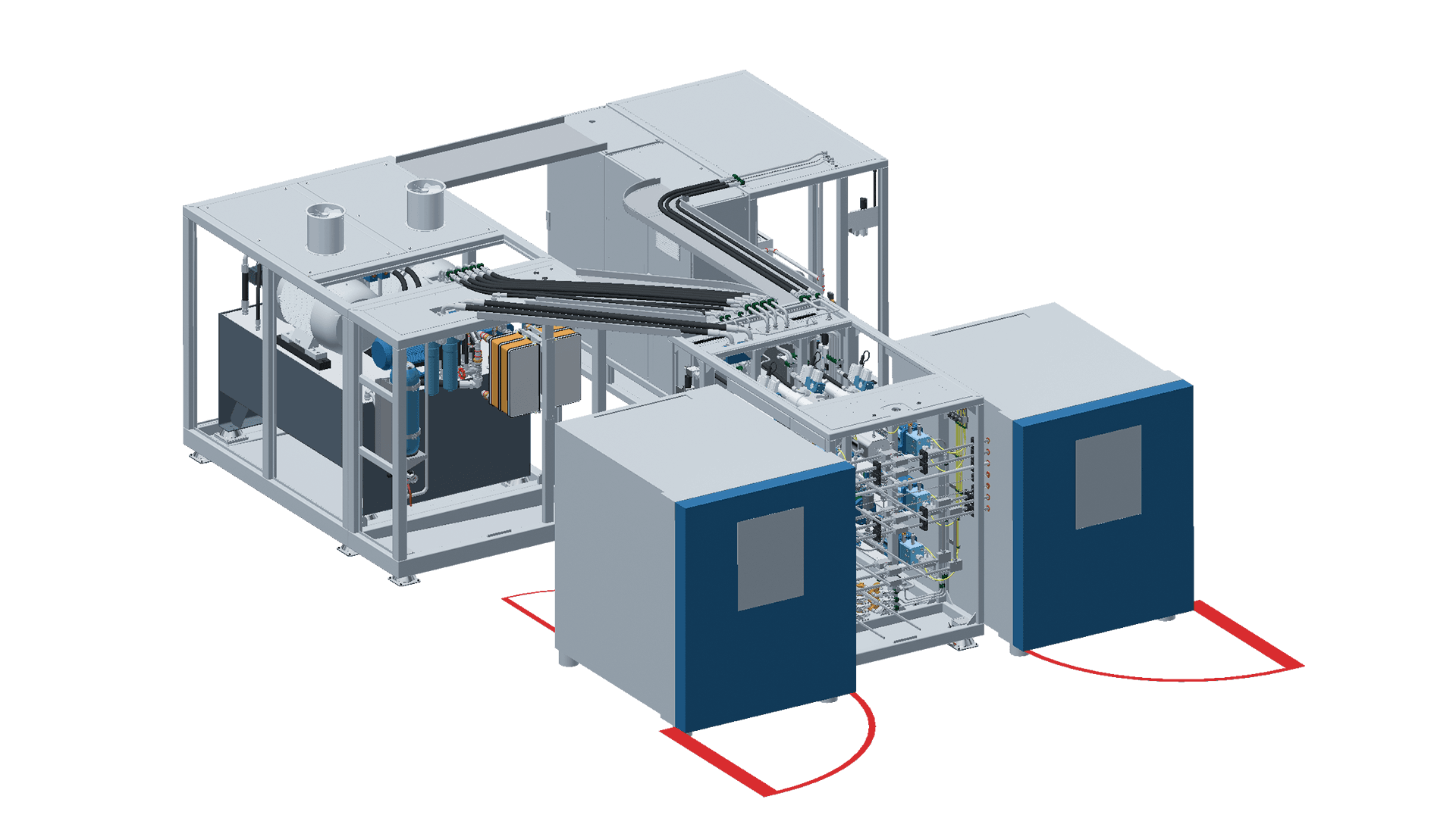 Banc d'essai de cycles de pression conçu sur mesure avec deux chambres climatiques et une unité hydraulique séparée par Poppe + Potthoff Maschinenbau.