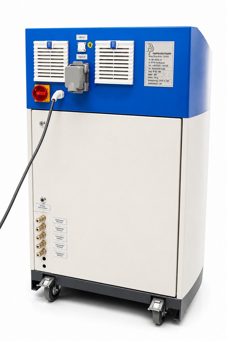 Rear and connection side of the Poppe + Potthoff gas injection control module with main switch and nitrogen connections at the base