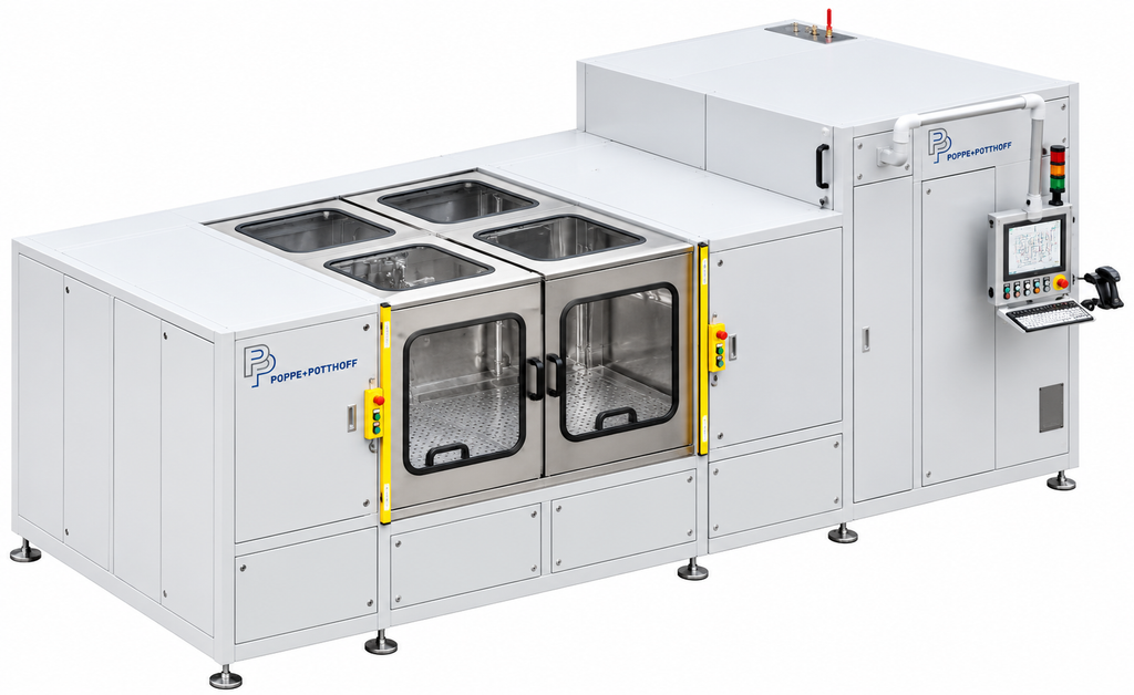 Water pump leak test stand with crane-loaded stainless steel test chamber, drive unit and touch PC control