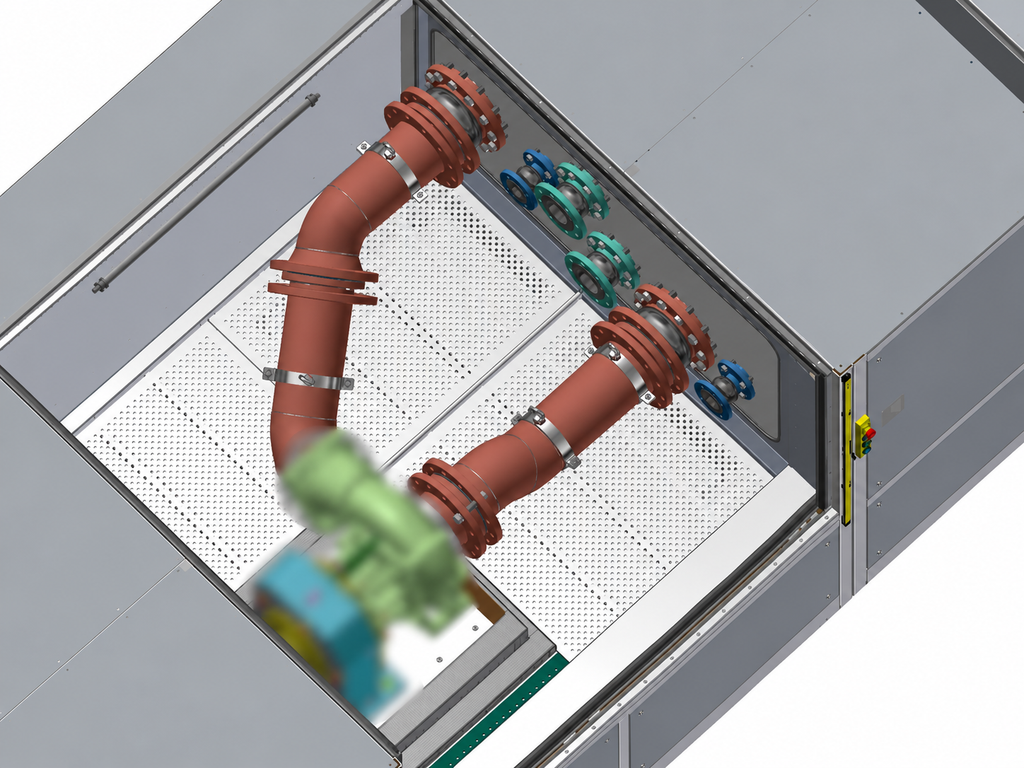 Coolant pump flanged to its adapter block in the stainless steel test chamber, connected to the pressure lines